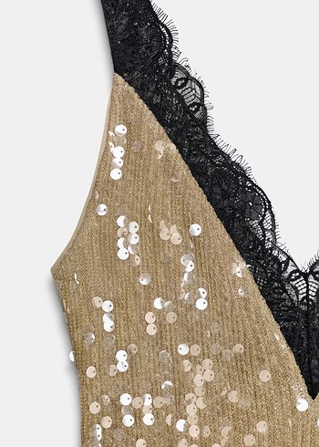 Dantel Detaylı Pullu Gold Gece Elbisesi - Görsel 5