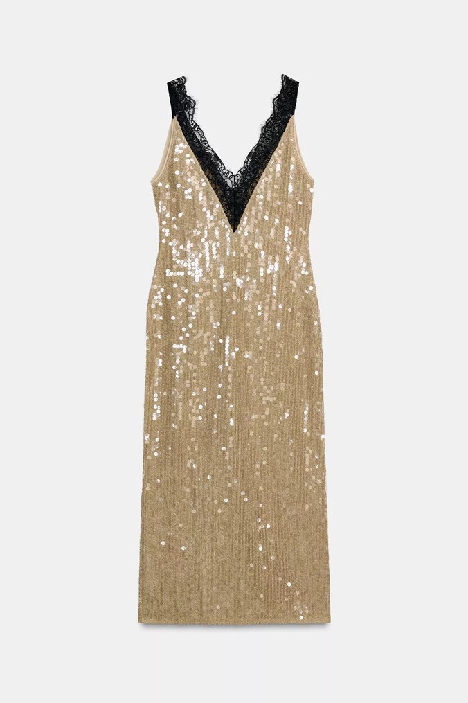 Pul Payetli V Yaka Bej Uzun Elbise - Görsel 2