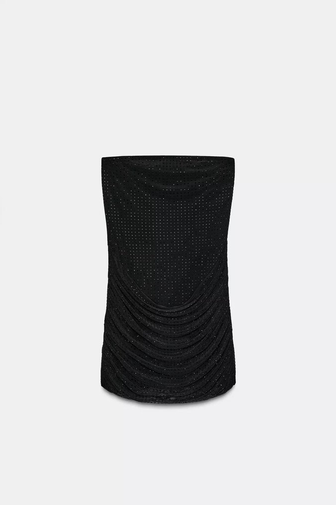 Siyah Drapeli Mini Straplez Taşlı Elbise - Görsel 5