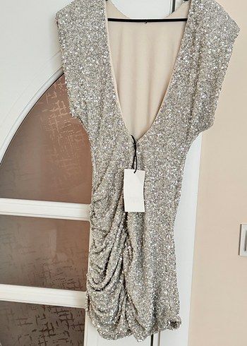 xs Beden gri Renk Zara Gri Kolsuz Mini Drapeli Elbise