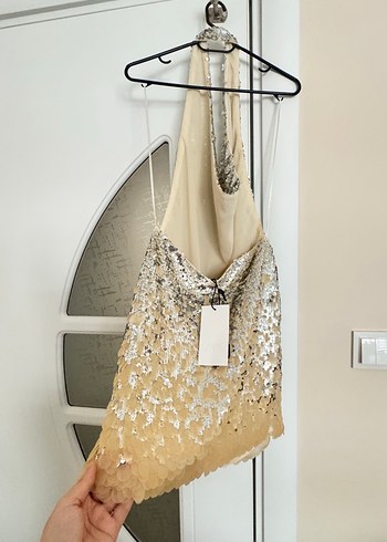 Zara Altın Renkli Mini Payetli Abiye Elbise - Görsel 9