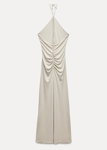 Bej Drapeli Uzun V Yaka Elbise - Görsel 6