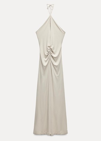 Bej V Yakalı Drapeli Uzun  Elbise - Görsel 5