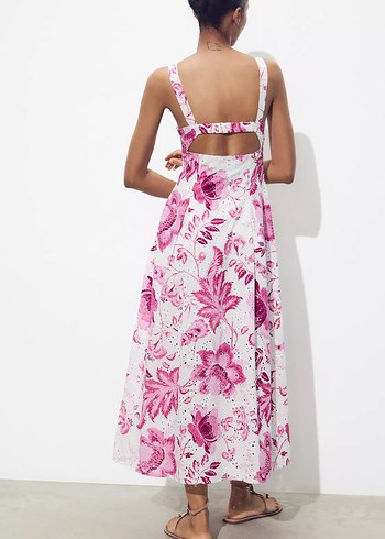 Pembe Çiçek Desenli Askılı Uzun Elbise - Görsel 8