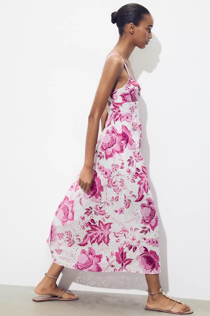 Pembe Çiçekli Dantel Detaylı Uzun Elbise - Görsel 4