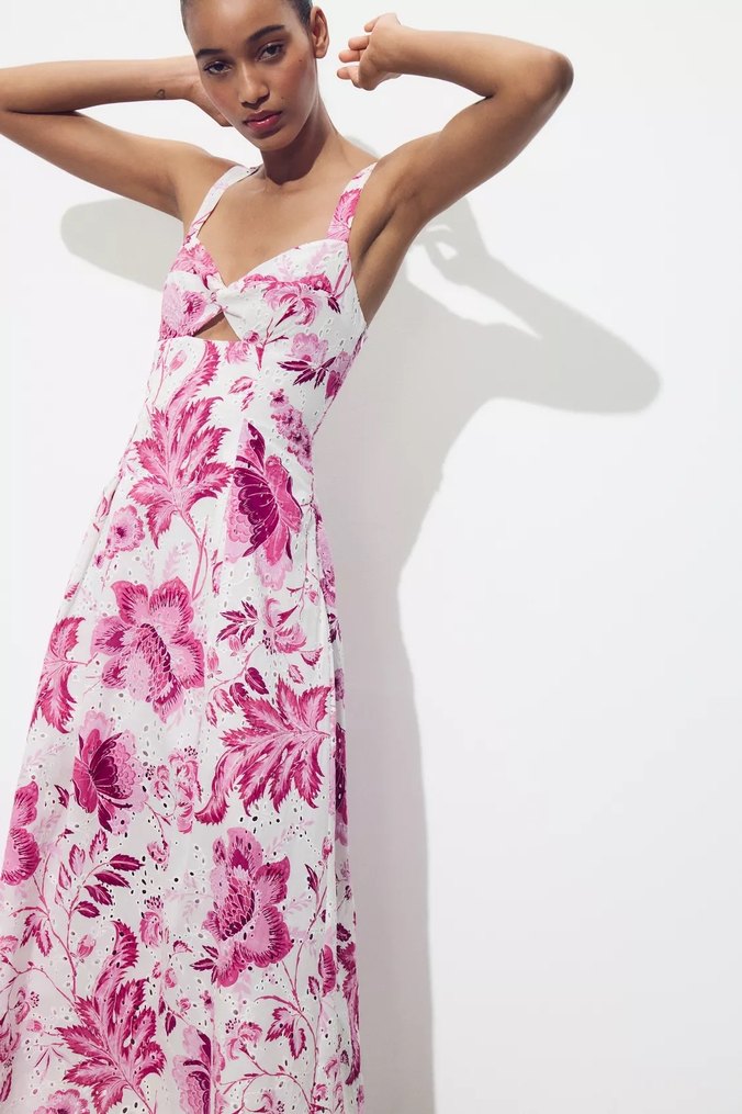 Pembe Çiçekli Uzun Askılı Elbise - Görsel 2