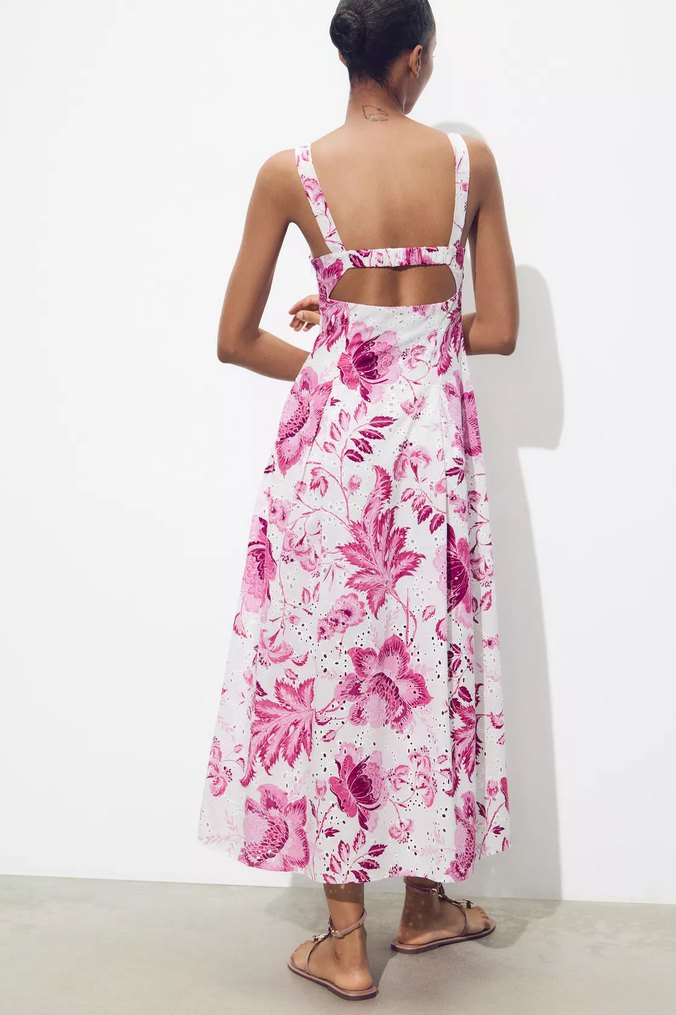 Pembe Çiçekli Uzun Askılı Elbise - Görsel 5