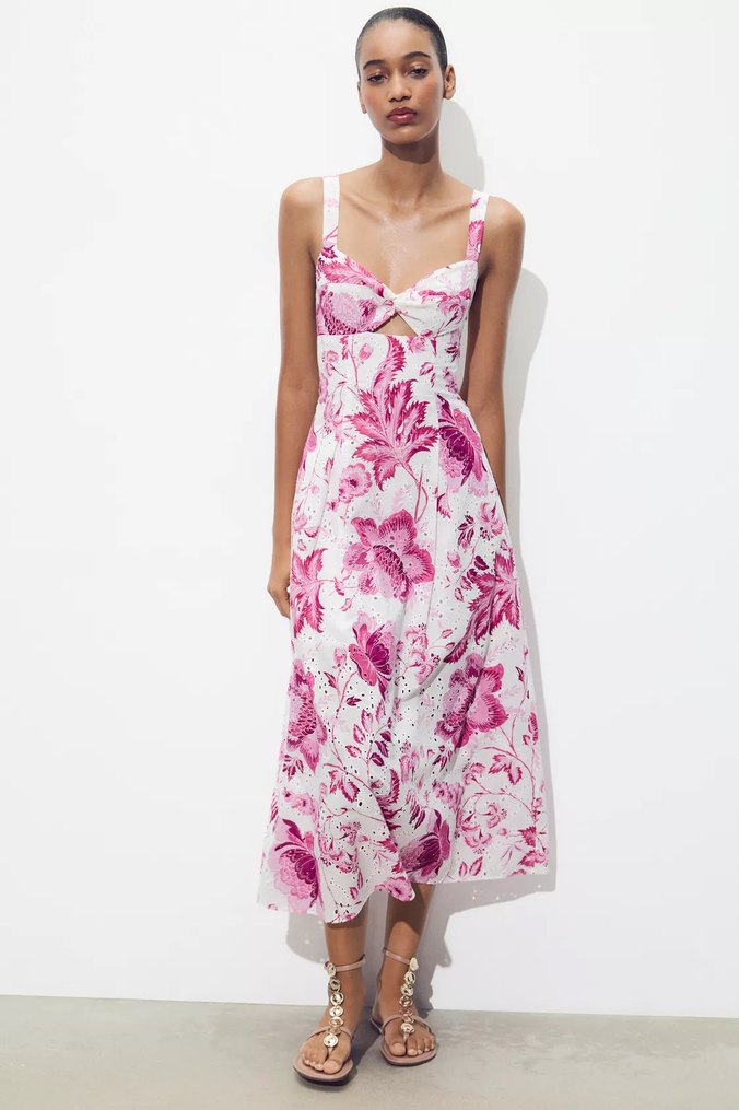 Pembe Çiçek Desenli Bohem Uzun Elbise - Görsel 5