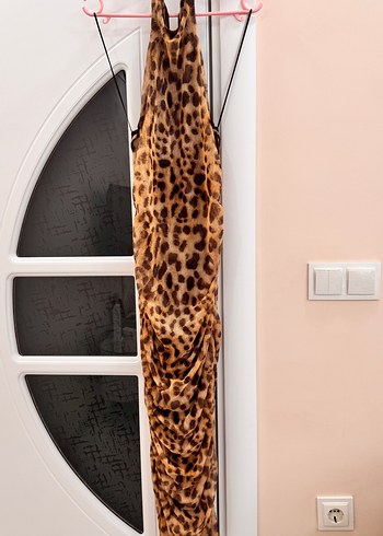 Camel Leopar Desenli Uzun Straplez Elbise - Görsel 9