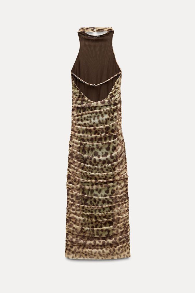 Camel Leopar Desenli Uzun Straplez Elbise - Görsel 5