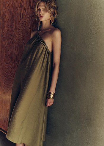 Kayık Yaka Uzun Haki Kadın Elbise - Görsel 3