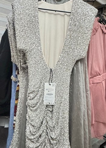 Zara Gümüş Rengi Pullu Elbise - Görsel 9