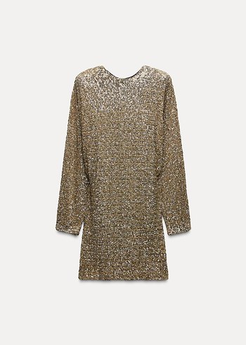 Altın Renkli Mini Payetli V Yakalı Elbise - Görsel 5