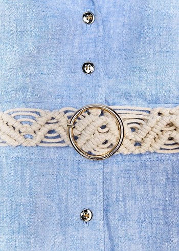 Mavi Kemerli Uzun Keten Elbise - Görsel 7