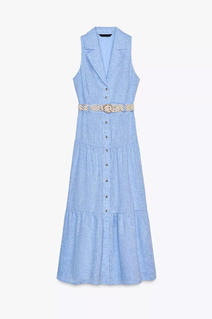 Mavi Kemerli Uzun Keten Elbise - Görsel 5