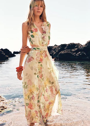 Çiçek Desenli Uzun Askısız Elbise - Görsel 4