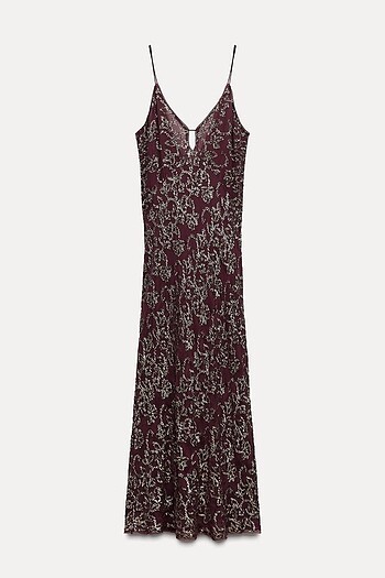 Zara Zara Bordo Rengi Uzun Pullu Elbise