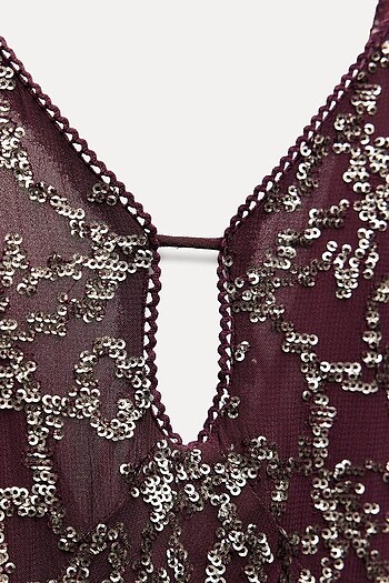 m Beden bordo Renk Zara Bordo Rengi Uzun Pullu Elbise