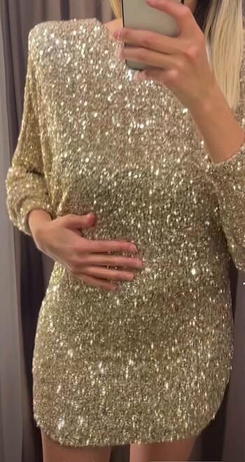 Zara Gold Rengi Pullu Elbise - Görsel 2