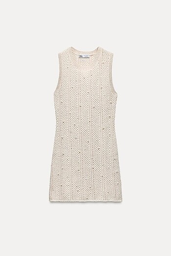 Zara ekru rengi inci detaylı elbise - Görsel 2