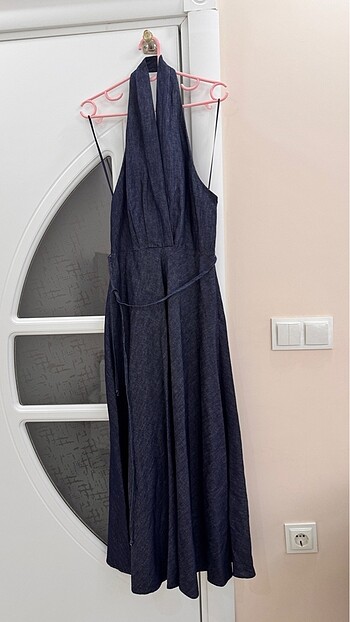 Zara mavi renkli halter yaka denim elbise - Görsel 7