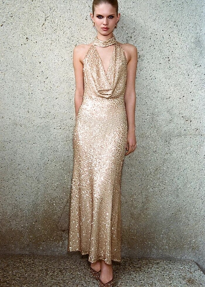 Zara Gold Rengi Pullu Elbise - Görsel 4