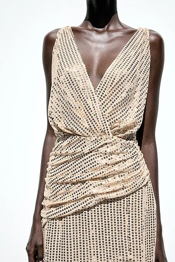 Zara Zara Gold Rengi Pullu Elbise