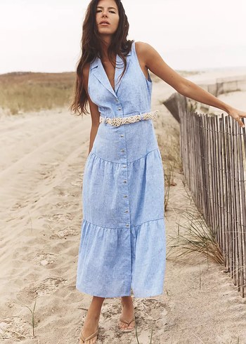 Mavi Keten Uzun Bohem Elbise - Görsel 2