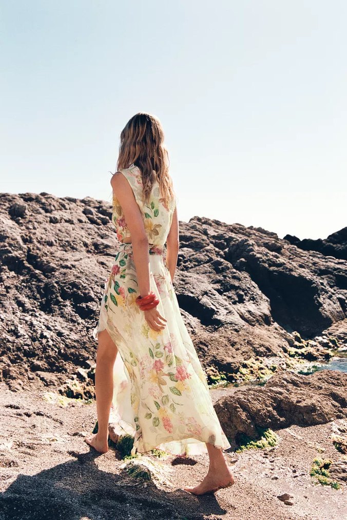 Bej Transparan V Yaka Uzun Bohem Elbise - Görsel 4