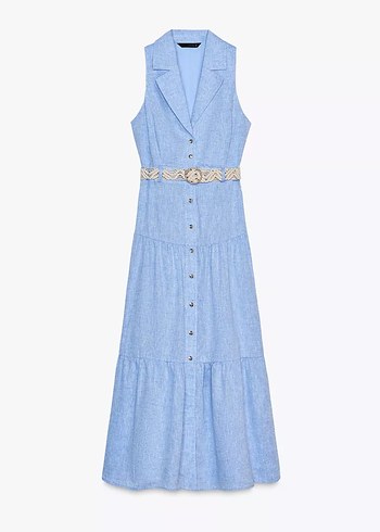 Mavi Kemerli Keten Kadın Uzun Elbise - Görsel 5