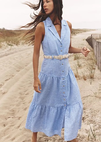 Mavi Kemerli Keten Kadın Uzun Elbise - Görsel 4