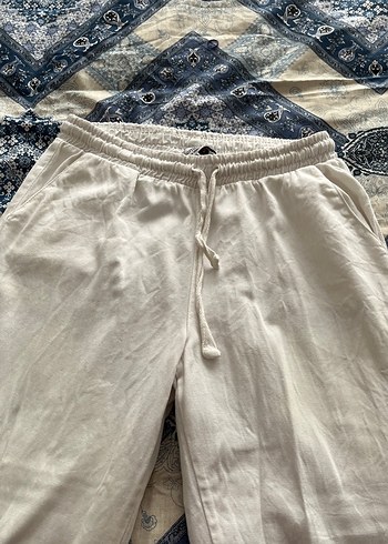 Kadın Beyaz Keten Midi Rahat Pantolon - Görsel 2