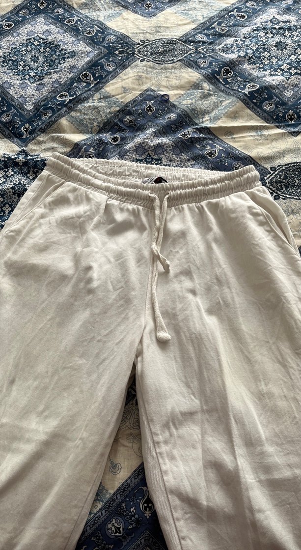 Kadın Beyaz Keten Midi Rahat Pantolon - Görsel 2