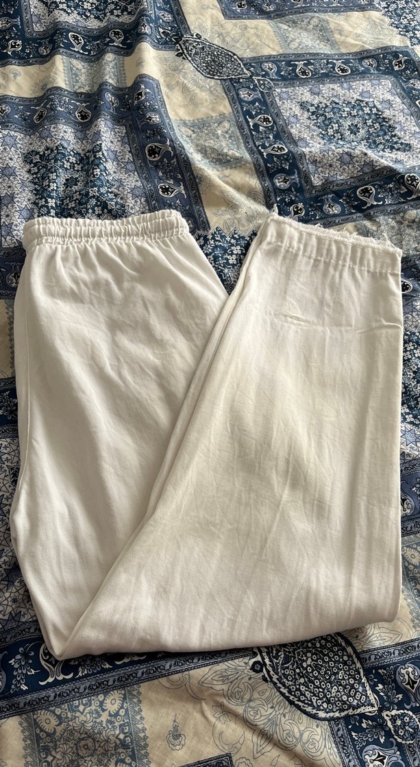 Kadın Beyaz Keten Midi Rahat Pantolon - Görsel 4