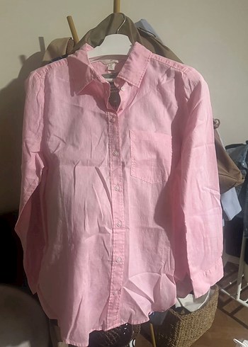 s Beden pembe Renk Pembe Uzun Kollu Keten Gömlek