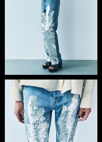 36 Beden mavi Renk Kadın Mavi Parlak Payetli Salaş Denim Pantolon