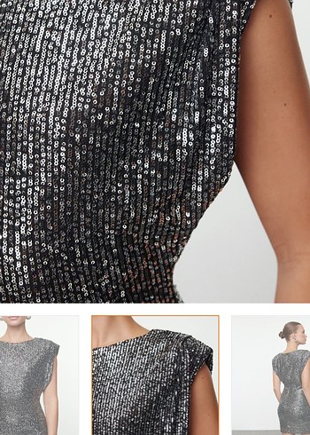 Gümüş Parıltılı Örme Payet Kısa Gece Mezuniyet Yılbaşı elbisesi - Görsel 6