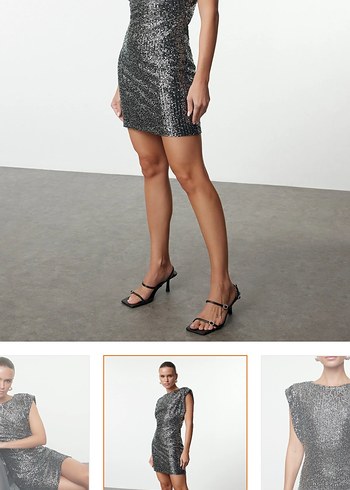 Gümüş Parıltılı Örme Payet Kısa Gece Mezuniyet Yılbaşı elbisesi - Görsel 4