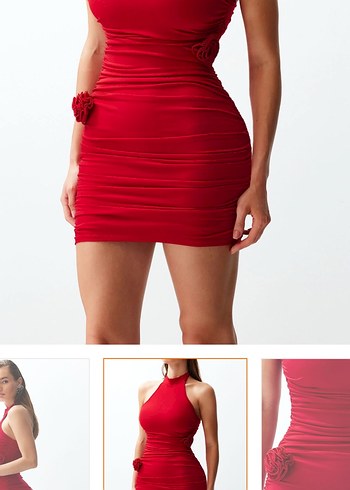 Kırmızı Vücuda Oturan çiçek detaylı Mini Drapeli Kadın elbise - Görsel 2