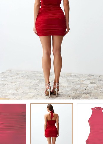 Kırmızı Vücuda Oturan çiçek detaylı Mini Drapeli Kadın elbise - Görsel 3