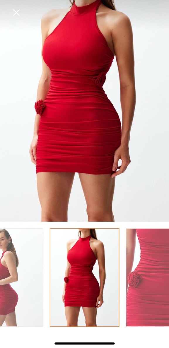 Kırmızı Vücuda Oturan çiçek detaylı Mini Drapeli Kadın elbise - Görsel 2