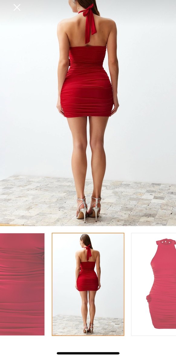 Kırmızı Vücuda Oturan çiçek detaylı Mini Drapeli Kadın elbise - Görsel 3