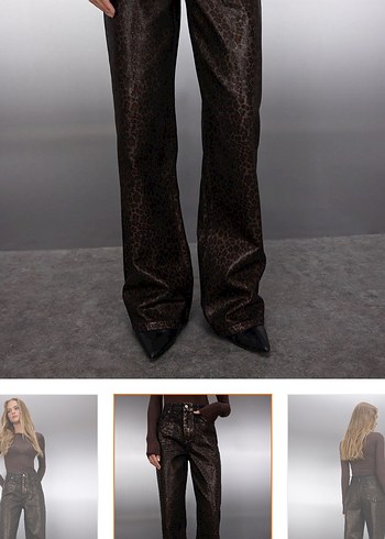 Kahverengi Leopar Varak Baskılı Yüksek Bel Wide Leg Jeans - Görsel 3