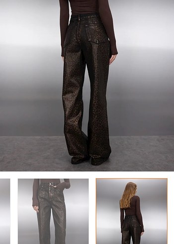 Kahverengi Leopar Varak Baskılı Yüksek Bel Wide Leg Jeans - Görsel 4