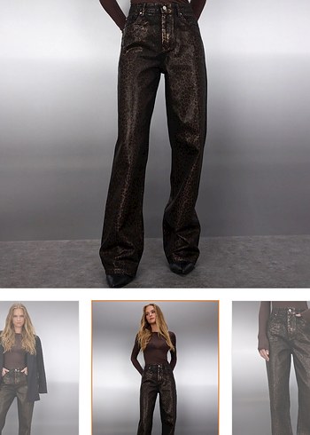 Kahverengi Leopar Varak Baskılı Yüksek Bel Wide Leg Jeans - Görsel 2