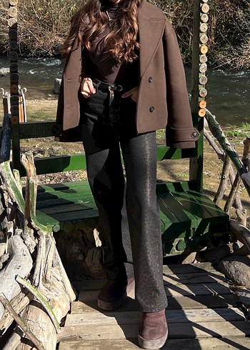 Kahverengi Leopar Varak Baskılı Yüksek Bel Wide Leg Jeans - Görsel 5