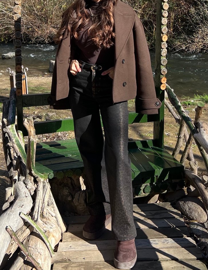 Kahverengi Leopar Varak Baskılı Yüksek Bel Wide Leg Jeans - Görsel 5