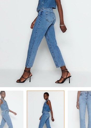 Mavi Yüksek Bel Düz Kesim Straight Jeans - Görsel 4