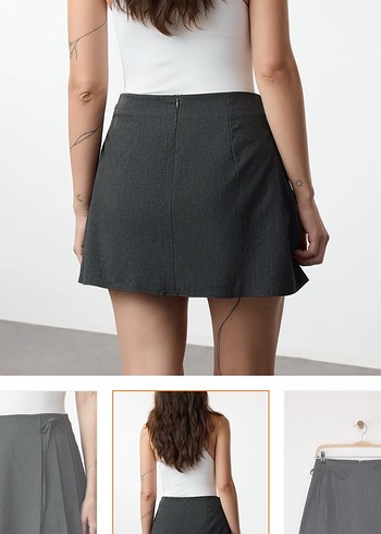 Koyu Antrasit Plise ve Kurdele Detaylı Mini Boy Dokuma Etek - Görsel 4