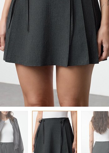 Koyu Antrasit Plise ve Kurdele Detaylı Mini Boy Dokuma Etek - Görsel 3